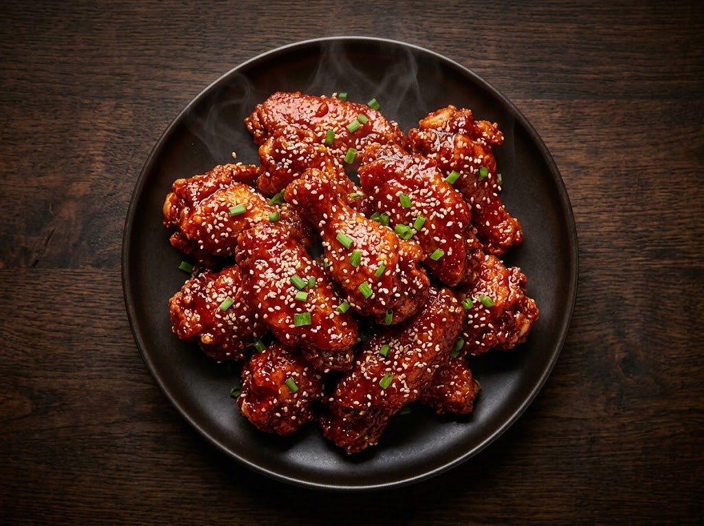 Glazed Korean fried chicken in a black bowl